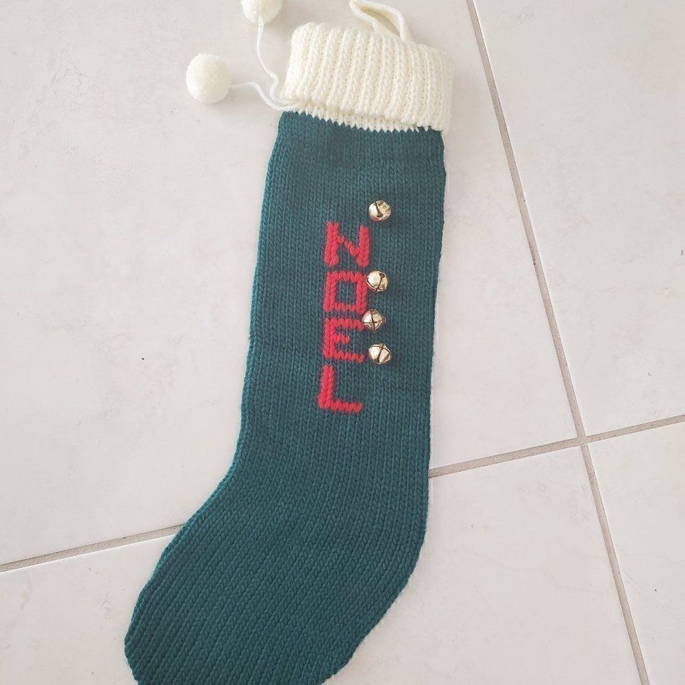 Vintage Knit Green Noel Stocking Pom Poms and Bell